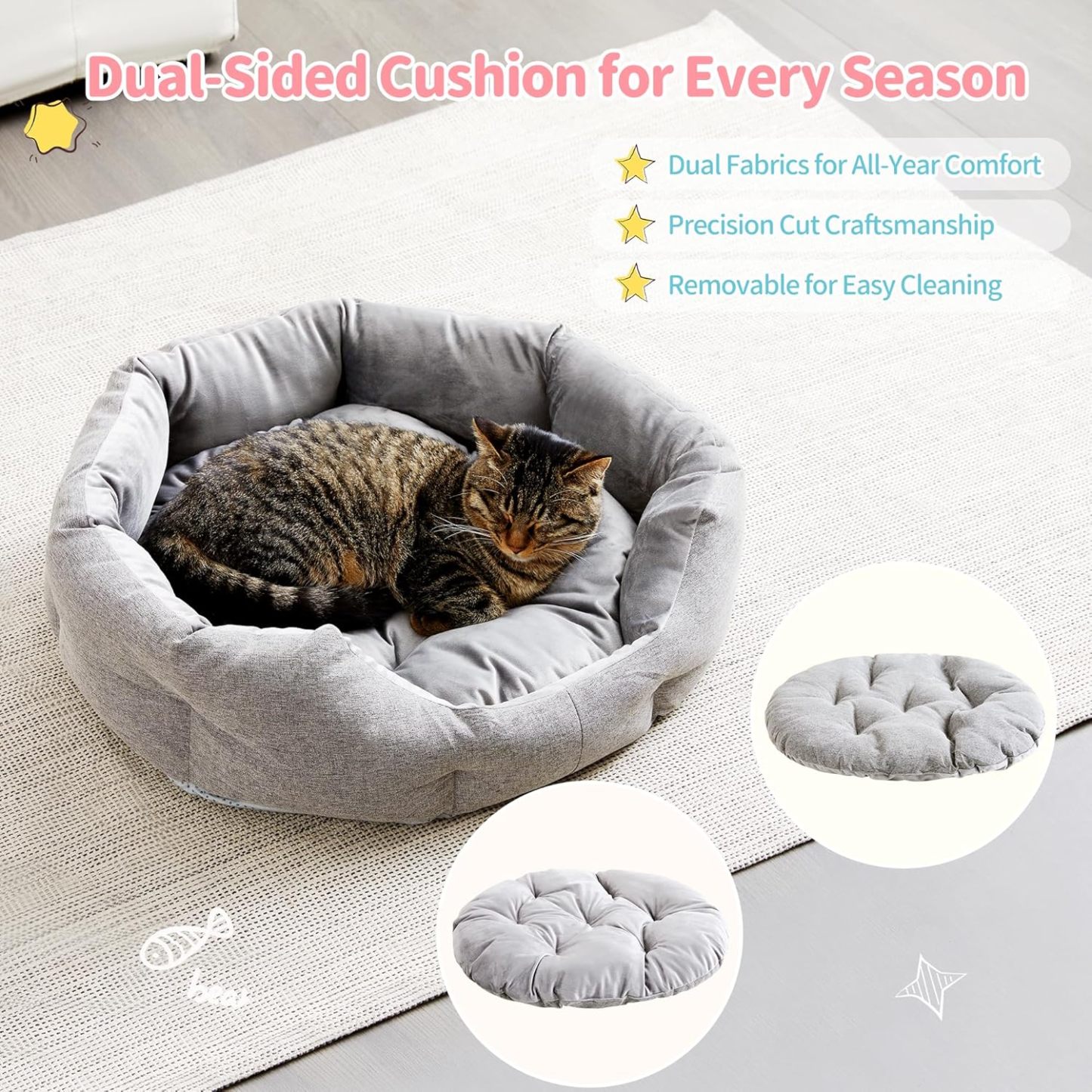 Cat Beds for Indoor Cats - Dog Beds for Small Dogs, Round Pet Bed for Puppy and Kitten, Washable Dog Bed with Anti-Slip Bottom, 22.44"L x 20.47"W x 6.3"Th
