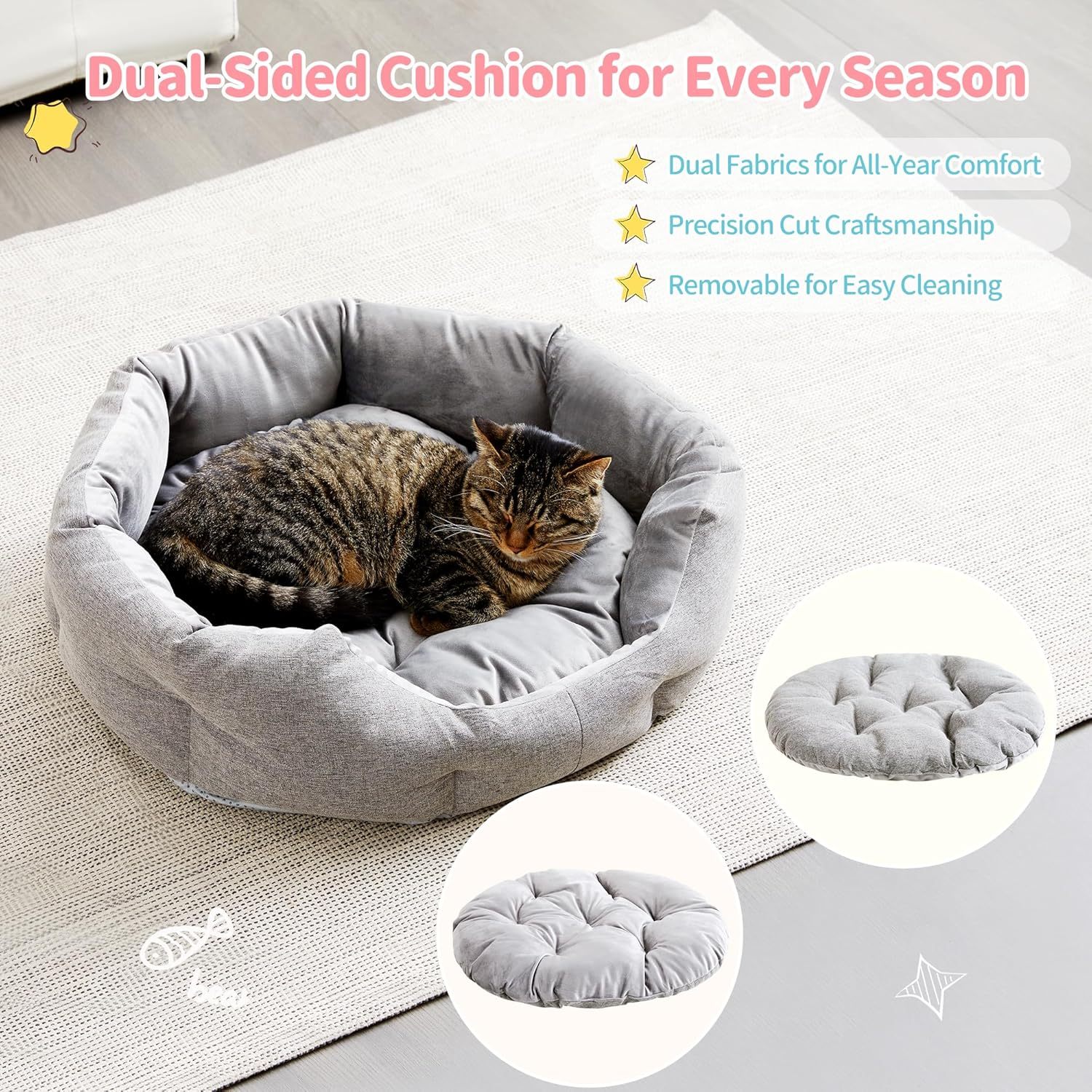 Cat Beds for Indoor Cats - Dog Beds for Small Dogs, Round Pet Bed for Puppy and Kitten, Washable Dog Bed with Anti-Slip Bottom, 22.44"L x 20.47"W x 6.3"Th
