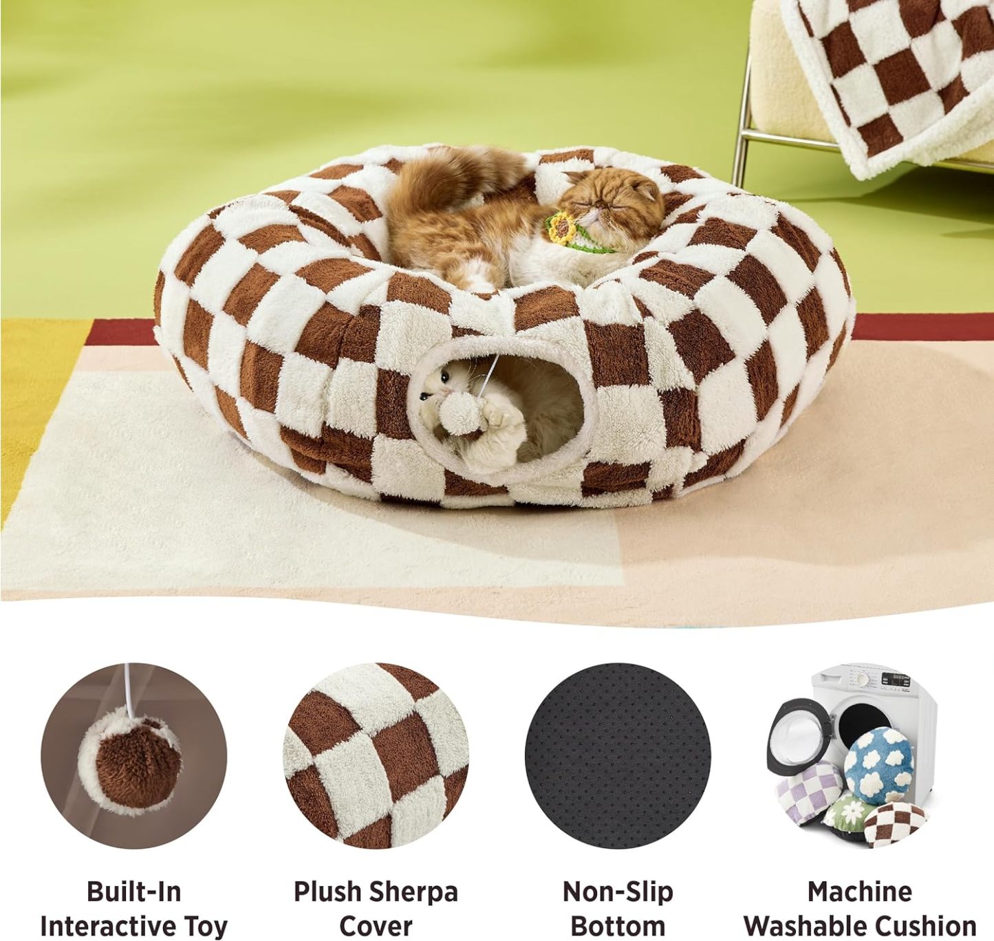 Cat Tunnel Bed for Indoor Cats - Cute Cat Donut Tunnel with Washable Circle Cushion, Round Pet Play Tunnel