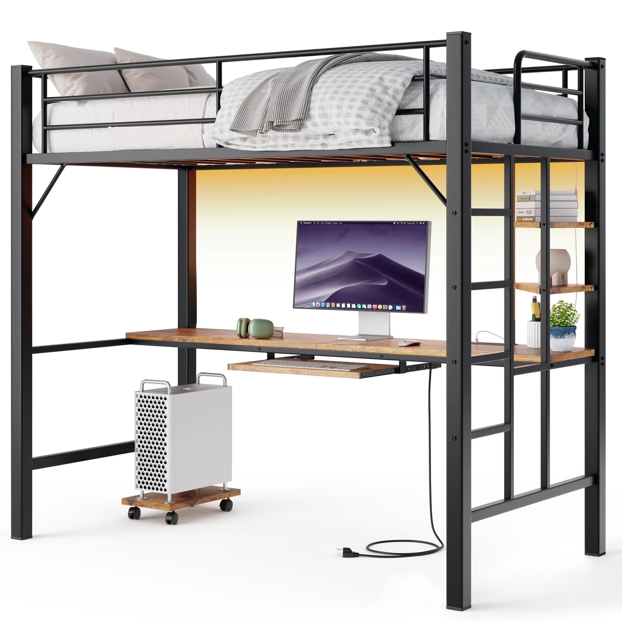 Lofka Loft Bed Twin Size, Heavy Duty Metal Bed Frames with Desk, Charging Sation, LED Lights, Storage ShelvesSafety Guard and Ladder