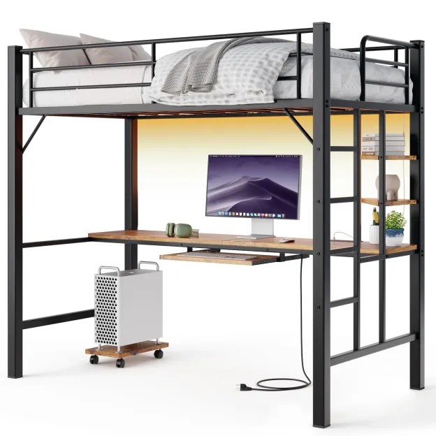 Lofka Loft Bed Twin Size, Heavy Duty Metal Bed Frames with Desk, Charging Sation, LED Lights, Storage ShelvesSafety Guard and Ladder