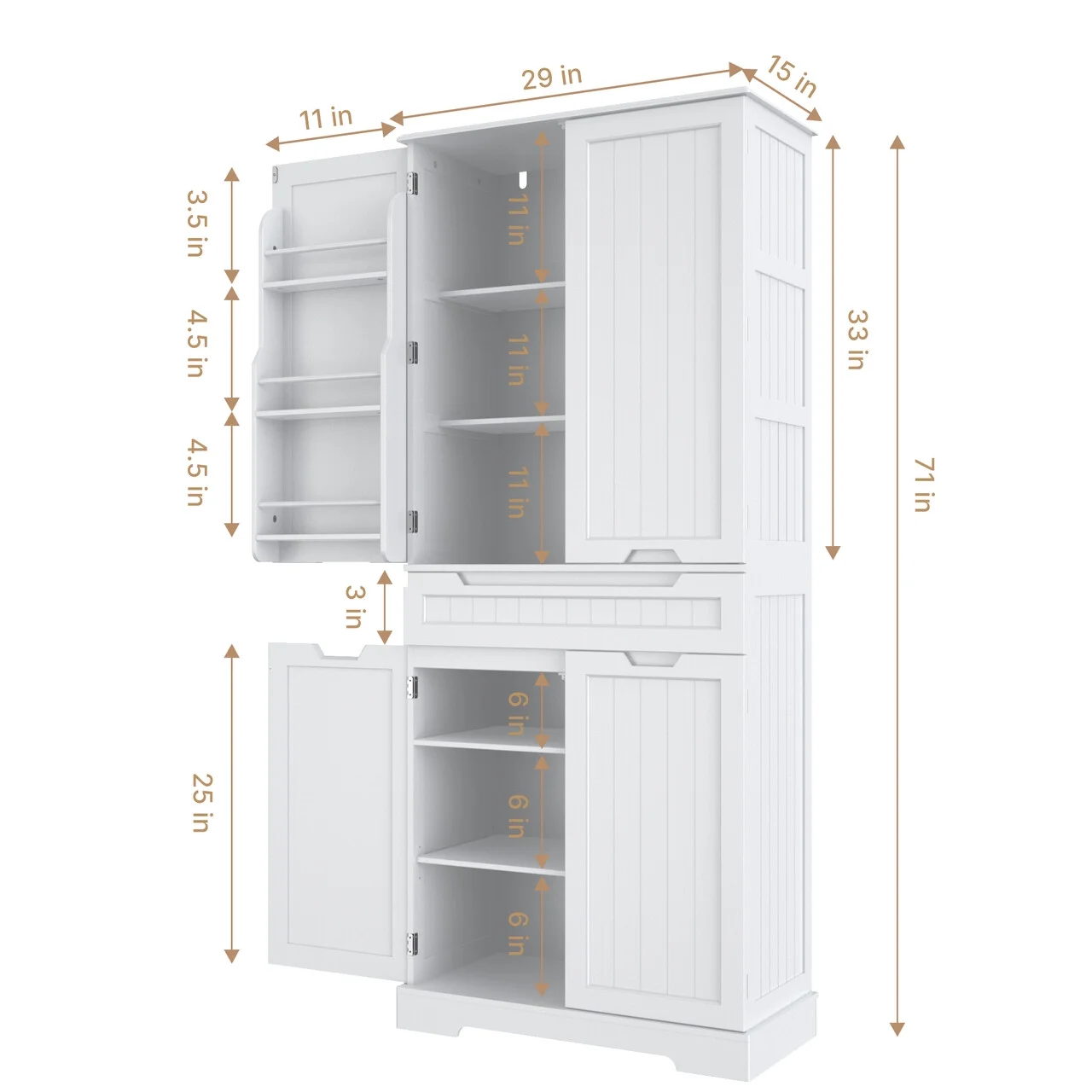 Lofka 71" Kitchen Storage Cabinet with Adjustable Shelves & Anti-Tip Design, 4 Doors, 12 Shelves, 1 Drawer