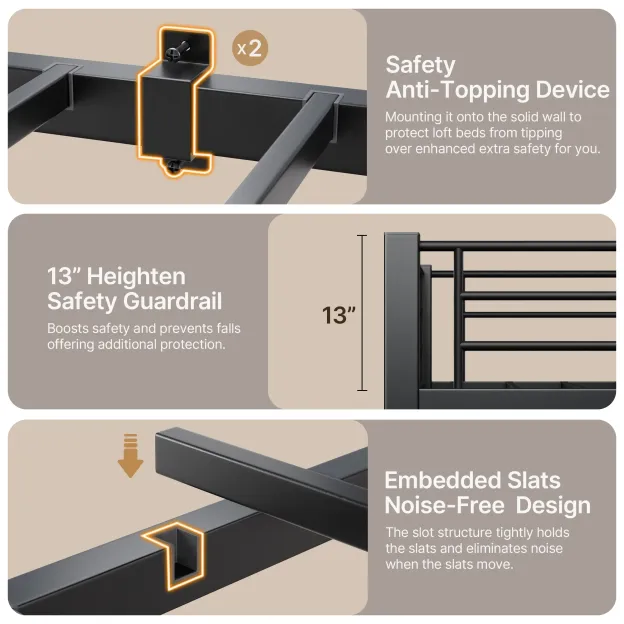 Lofka Loft Bed Twin Size, Heavy Duty Metal Bed Frames with Desk, Charging Sation, LED Lights, Storage ShelvesSafety Guard and Ladder
