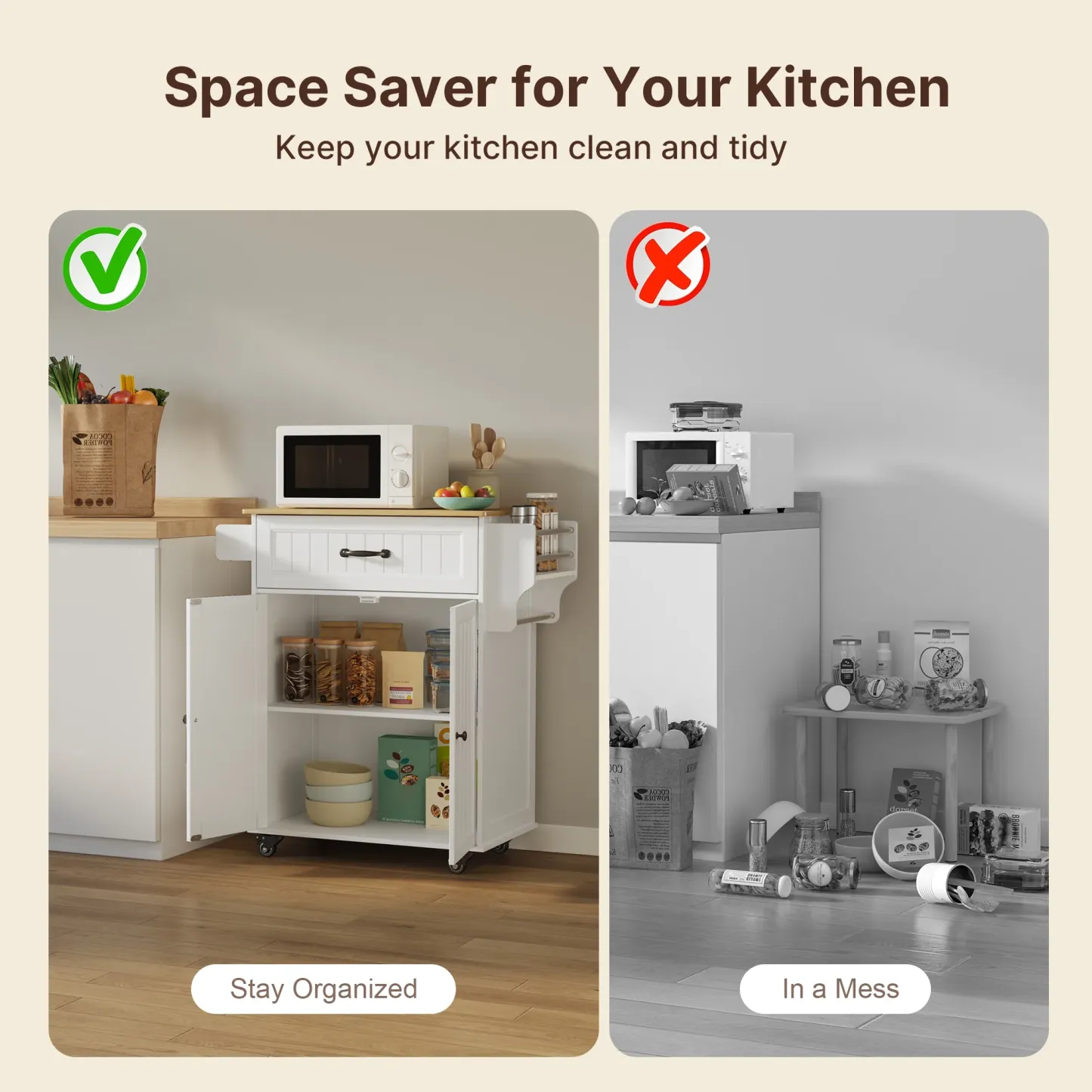 Lofka Kitchen Island Cart with Storage, Microwave Stand with Spice Rack, Towel Rack, Adjustable Shelf, 1 Drawer, White