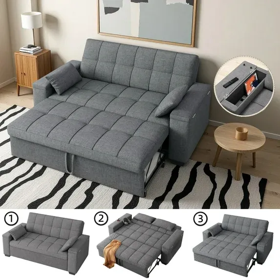 Lofka Futon Sofa Bed, Convertible Loveseat Recliner Sleeper with Adjustable Backrest & Wide Storage Side Pocket