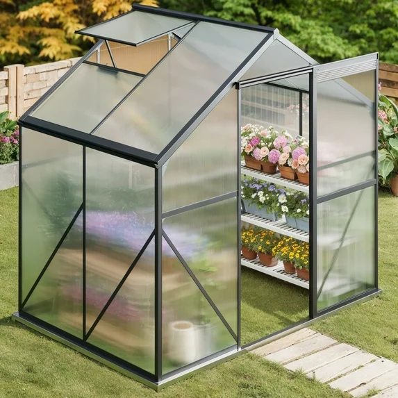 Lofka 6×4ft Walk-in Greenhouse with Sliding Door and Polycarbonate Panels for Outdoors