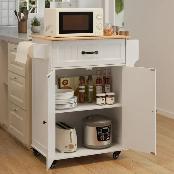 Lofka Kitchen Island Cart with Storage, Microwave Stand with Spice Rack, Towel Rack, Adjustable Shelf, 1 Drawer, White