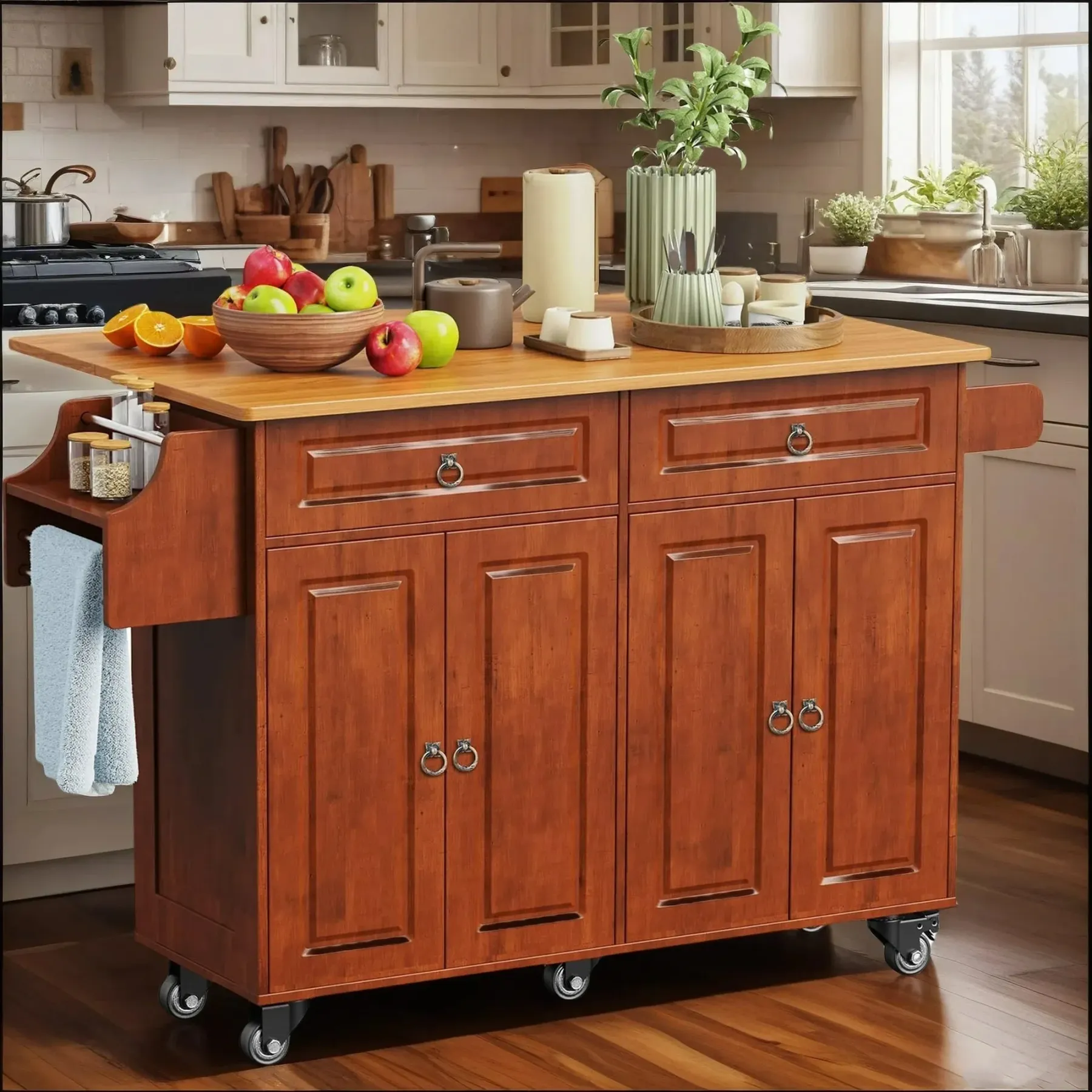 Lofka 52" Kitchen Islands Cart with Wood Drop Leaf and Lockable Wheels
