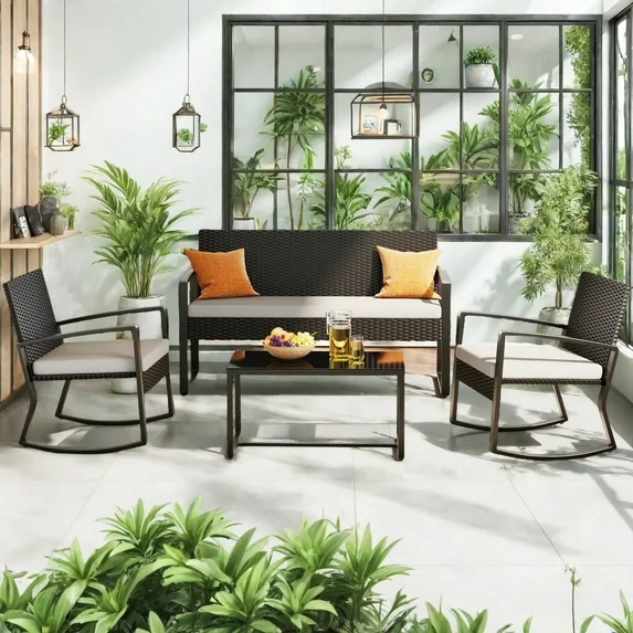 Lofka 4 Pieces Patio Comversation Set with Outdoor Rocking Chairs, Rattan Loveseat, Glass Bistro Coffee Table