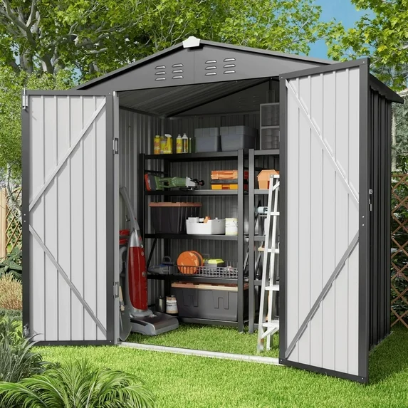 Lofka 6 x 4 FT Galvanized Metal Outdoor Storage Shed with Double Lockable Doors and Air Vents for Patio