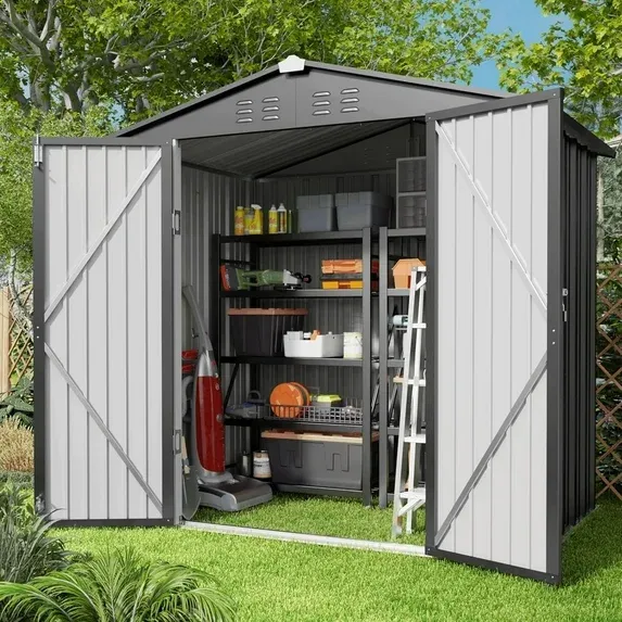 Lofka 6 x 4 FT Galvanized Metal Outdoor Storage Shed with Double Lockable Doors and Air Vents for Patio