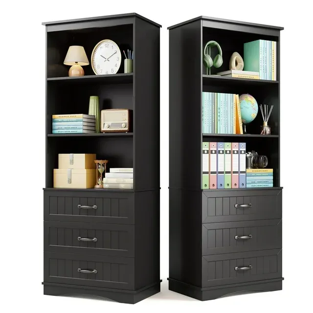 Lofka Bookcase with 3 Large Drawers, 3 Tier Storage bookshelf for Home Office, Living Room, Black