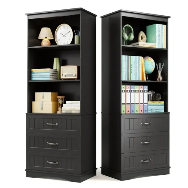 Lofka Bookcase with 3 Large Drawers, 3 Tier Storage bookshelf for Home Office, Living Room, Black
