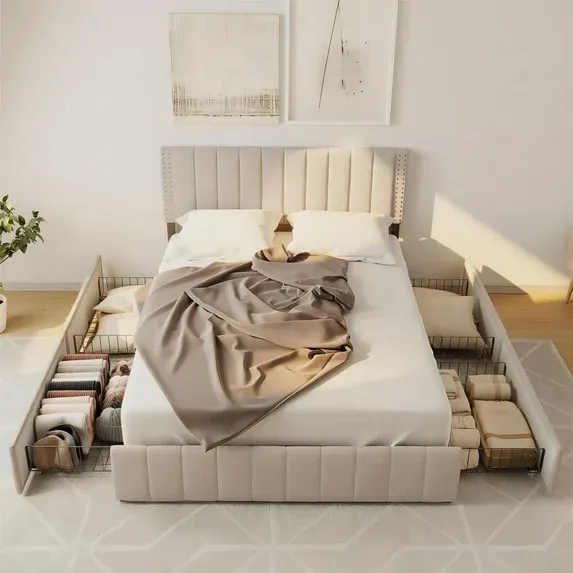 Lofka Queen Contemporary Fabric And Wood Platform Bed with Storage