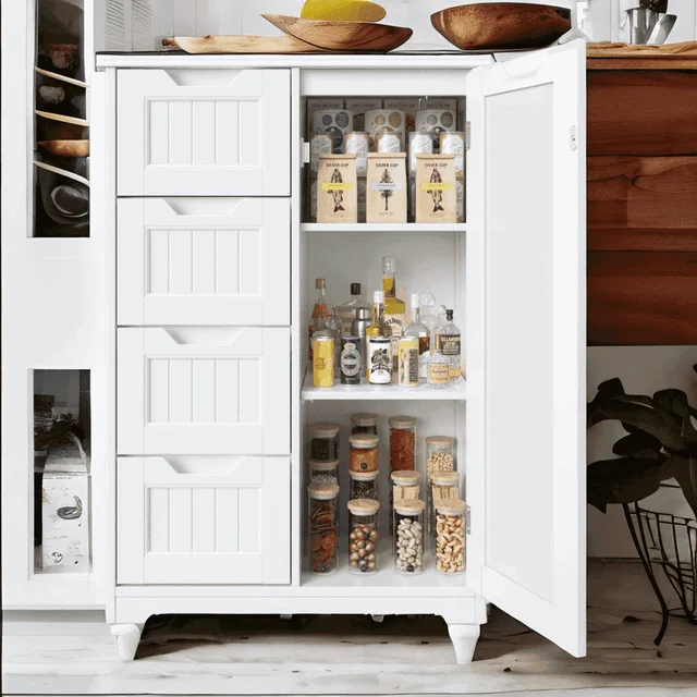 Lofka 33" White Wood Kitchen Pantry Storage Cabinet with 4 Drawers, 1 Door and 3 Shelves for Dining Room|Bedroom