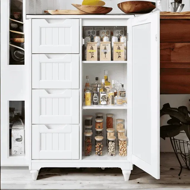 Lofka 33" White Wood Kitchen Pantry Storage Cabinet with 4 Drawers, 1 Door and 3 Shelves for Dining Room|Bedroom