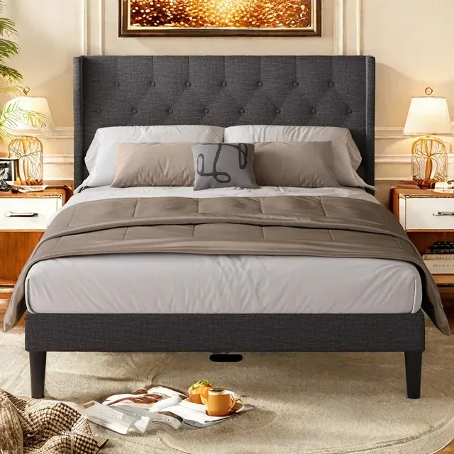 Queen Bed Frame with Upholstered Wingback Headboard and Velcro Assembly Design