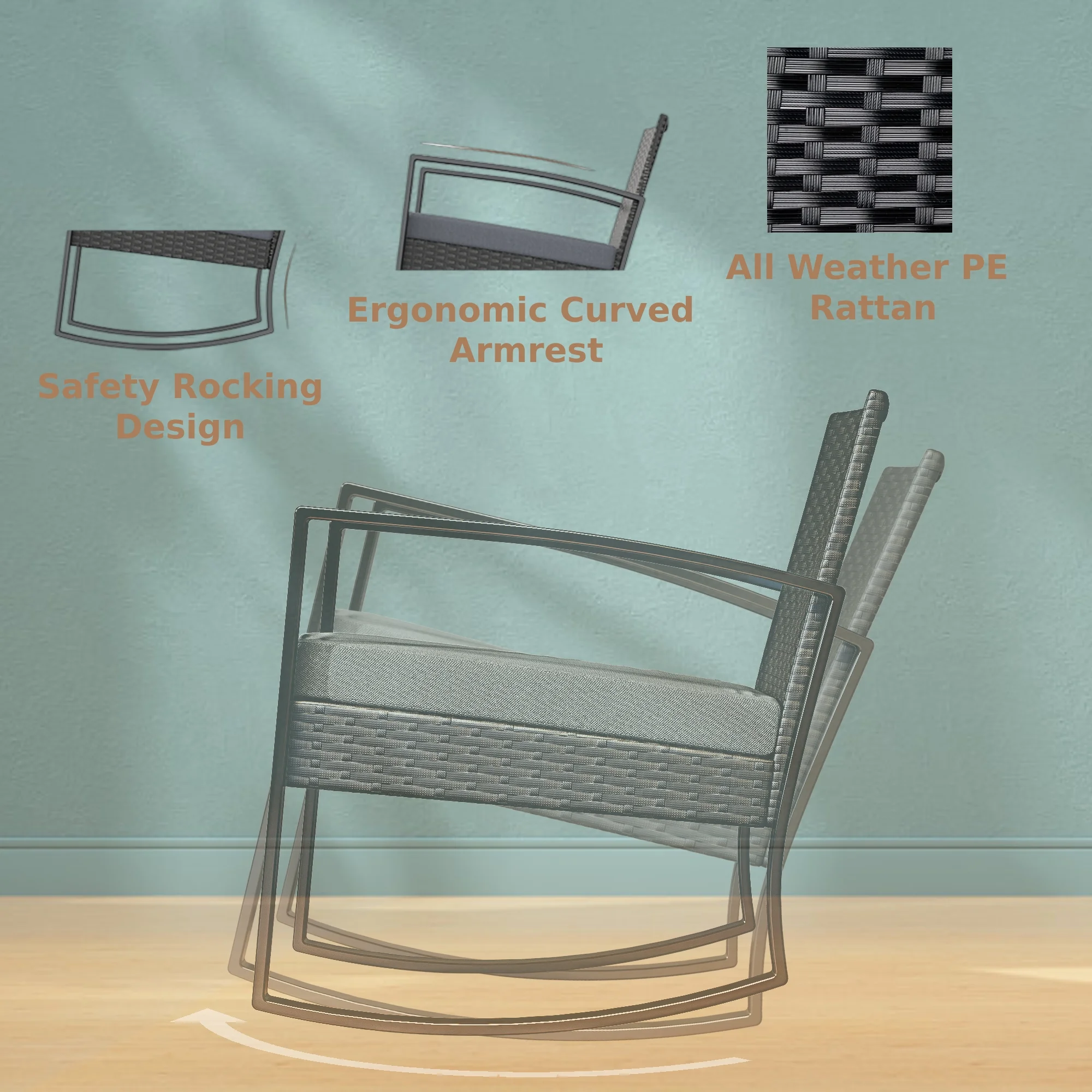 Lofka 3 Pieces Outdoor Rocking Chairs Set with Glass Coffee Table