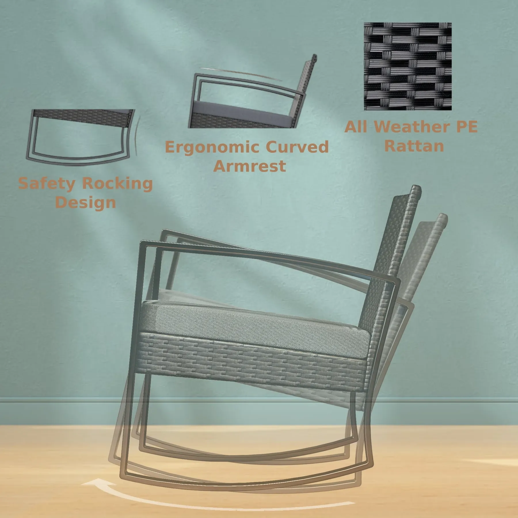 Lofka 3 Pieces Outdoor Rocking Chairs Set with Glass Coffee Table