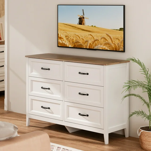 Lofka 6 Drawer Dresser for Bedroom, Chests of Drawers for Living Room, White+Rustic Brown