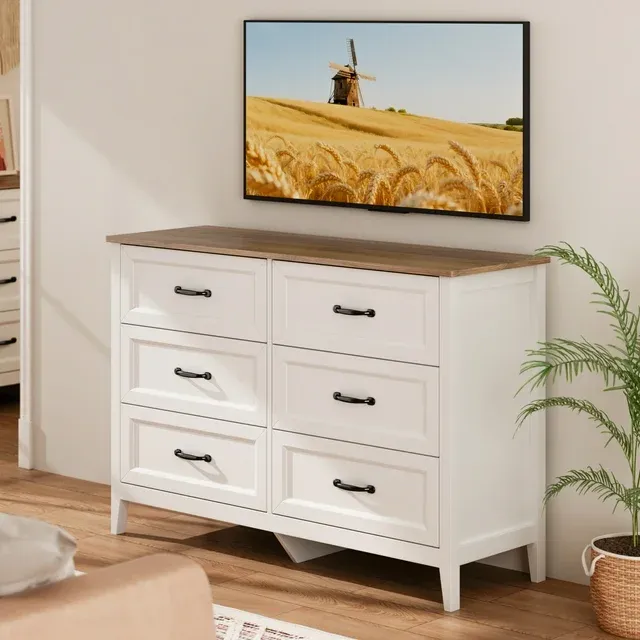 Lofka 6 Drawer Dresser for Bedroom, Chests of Drawers for Living Room, White+Rustic Brown