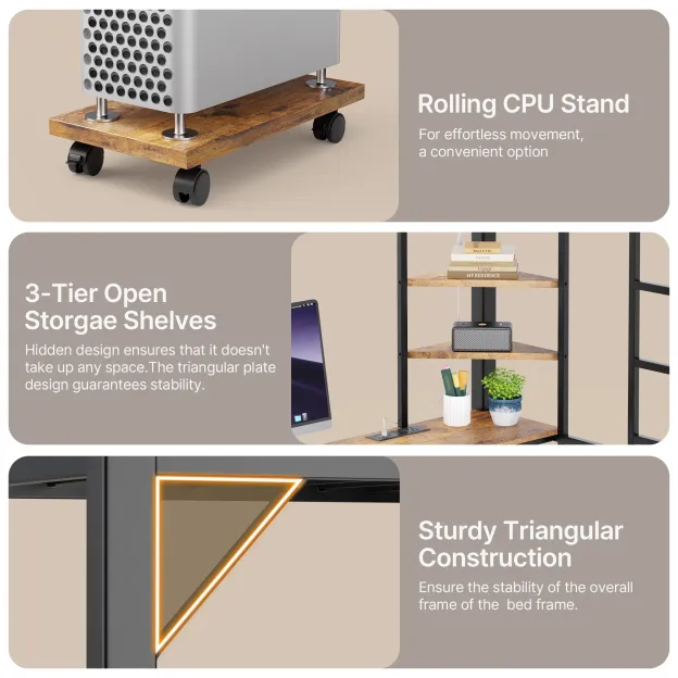 Lofka Loft Bed Twin Size, Heavy Duty Metal Bed Frames with Desk, Charging Sation, LED Lights, Storage ShelvesSafety Guard and Ladder