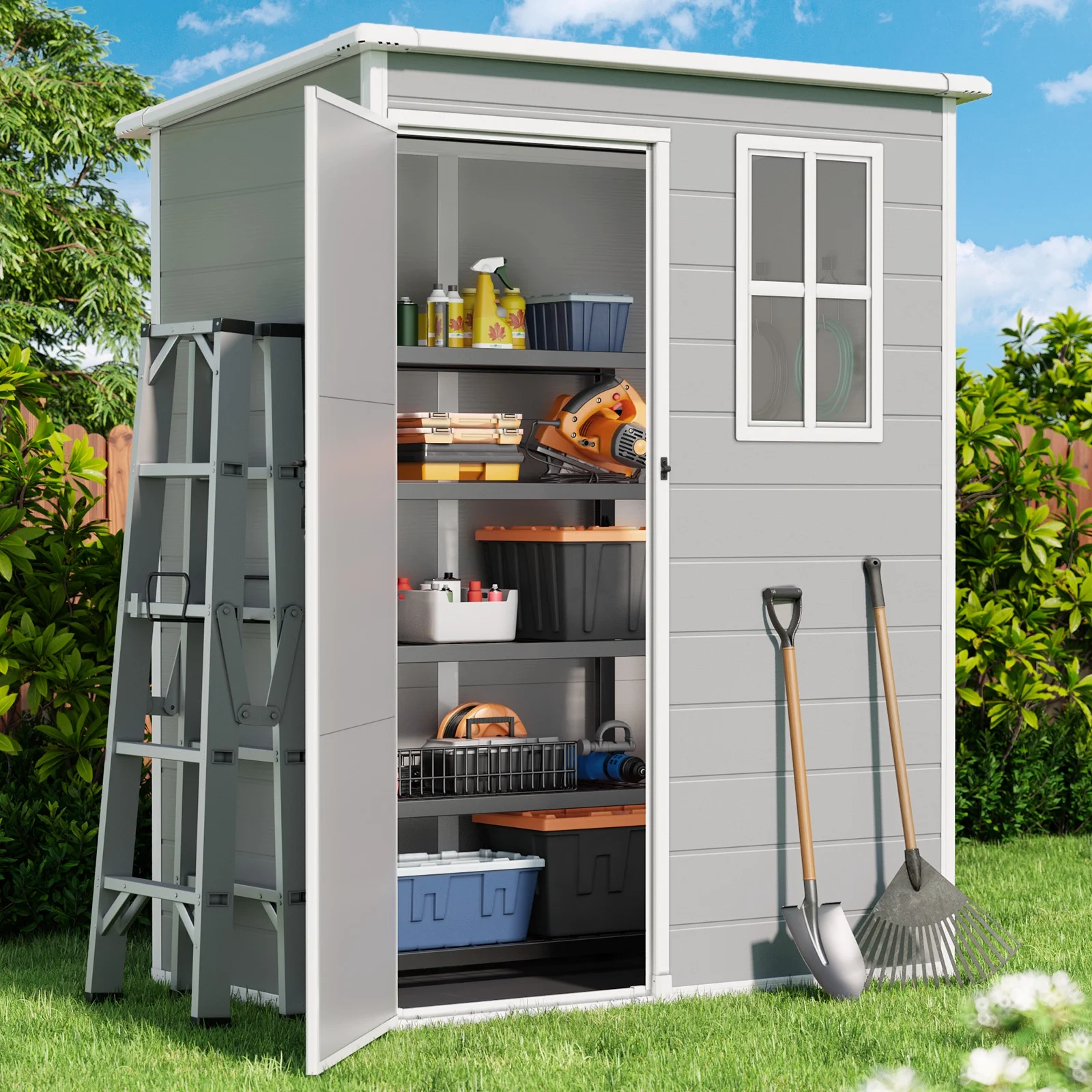 Lofka 5 x 3 FT Resin Outdoor Storage with Floor, Window, Lockable Door for Garden|Backyard|Lawn