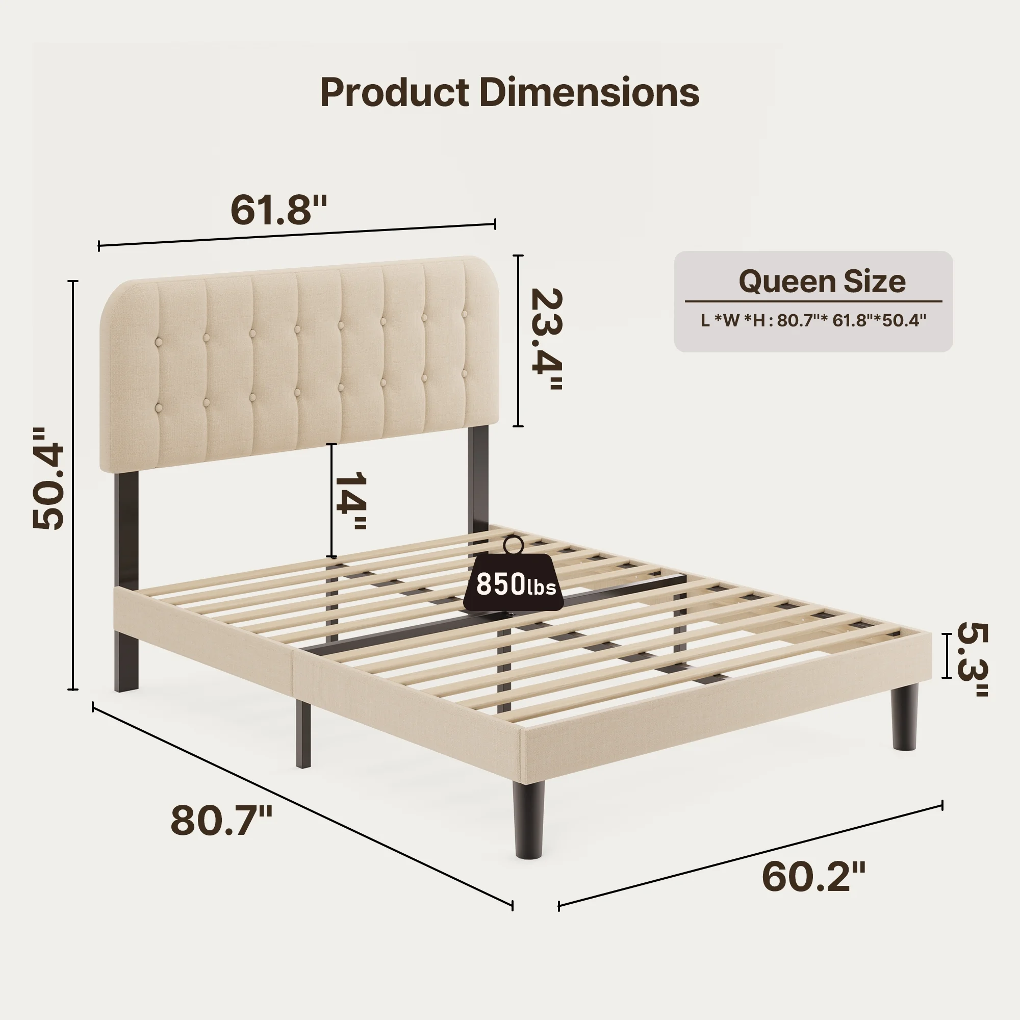 Lofka Queen Bed Frame with Upholstered Headboard - Beige Fabric, Modern Bedroom Furniture