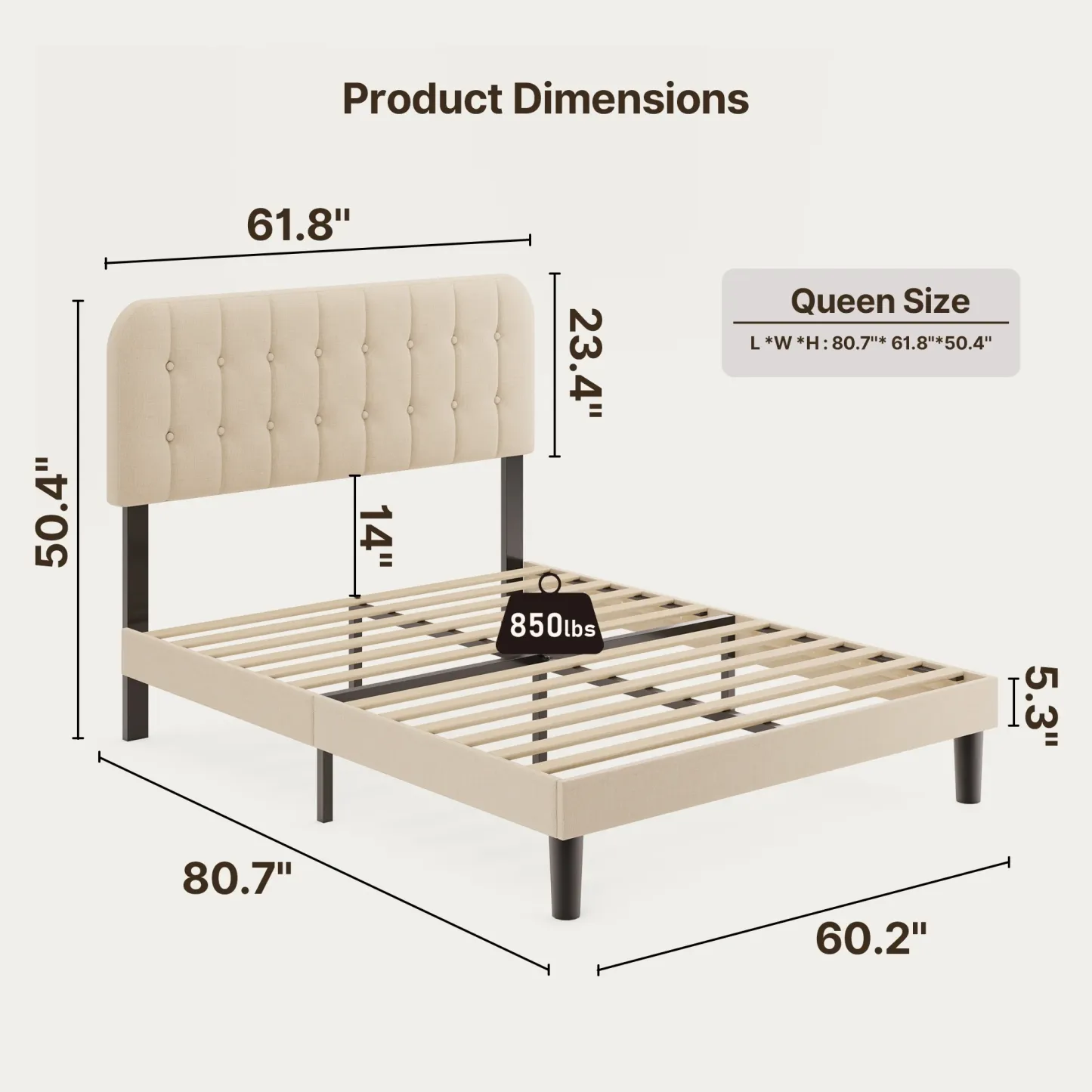 Lofka Queen Bed Frame with Upholstered Headboard - Beige Fabric, Modern Bedroom Furniture