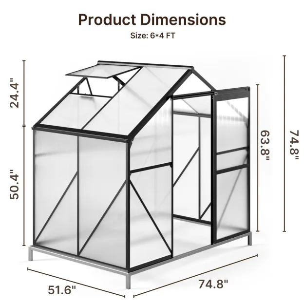 Lofka 6×4ft Walk-in Greenhouse with Sliding Door and Polycarbonate Panels for Outdoors