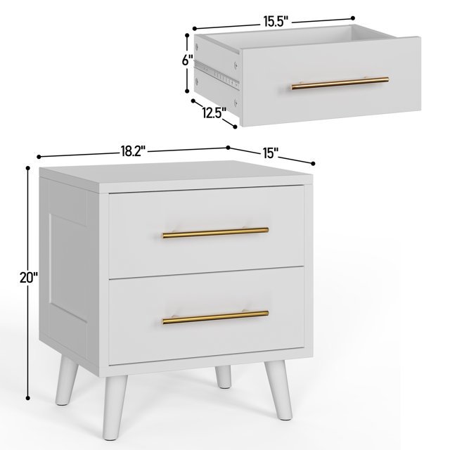 Lofka Night Stand 2 Drawer for Bedroom, Nightstand Bedside Table with Gold Handle