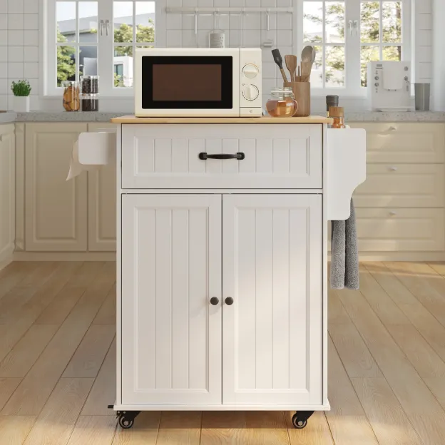 Lofka Kitchen Island Cart with Storage, Microwave Stand with Spice Rack, Towel Rack, Adjustable Shelf, 1 Drawer, White