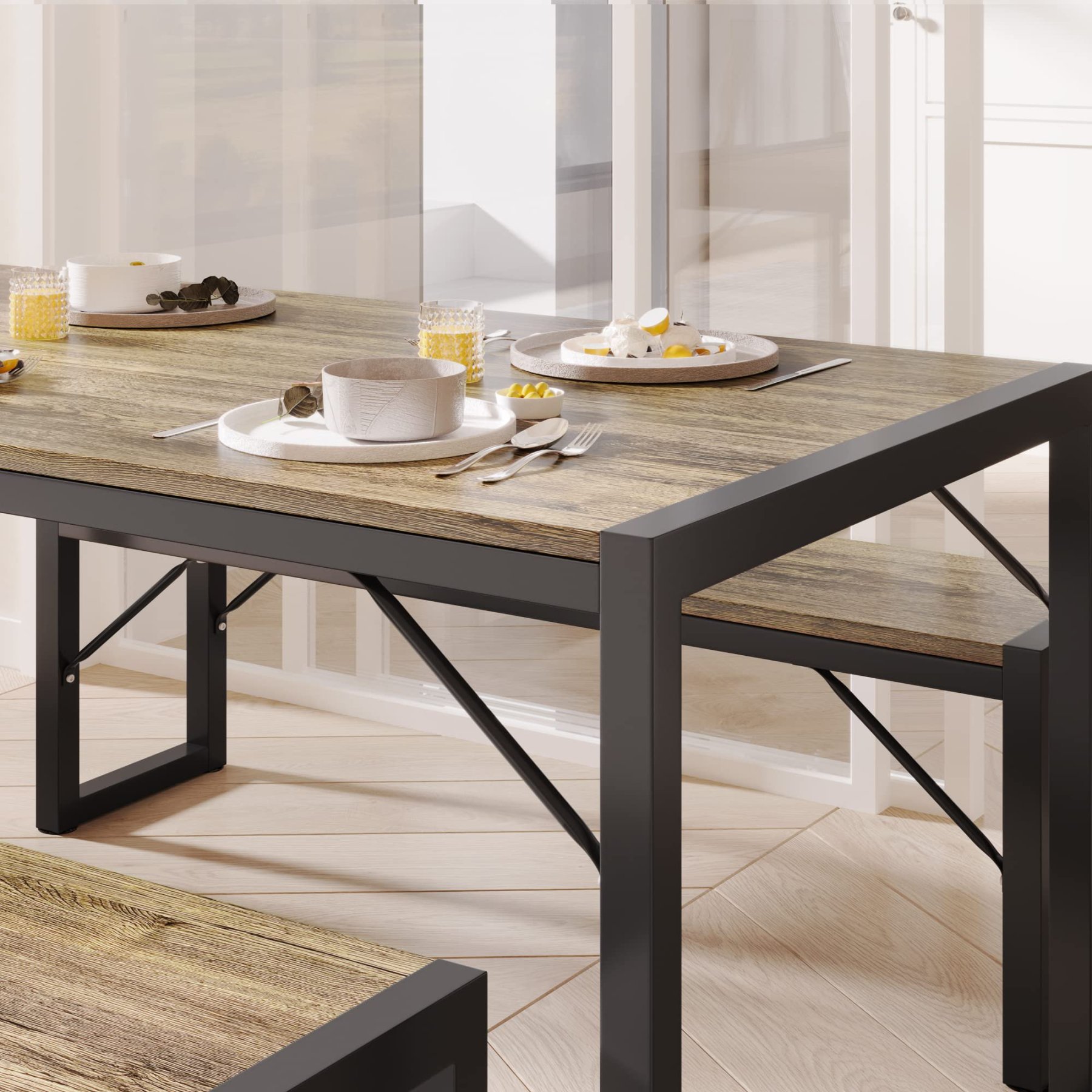 Lofka Dining Table Set for 4, Kitchen Table with 2 Benches, Grey