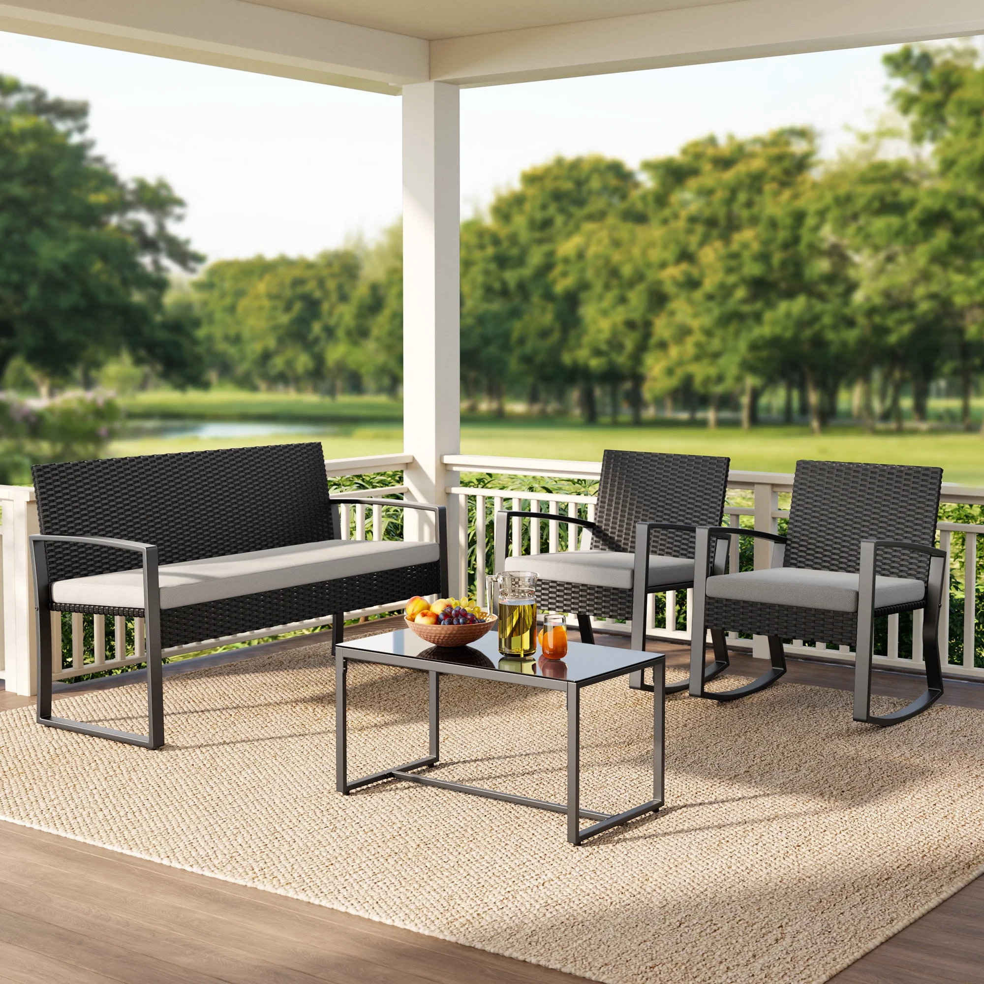 Lofka 4 Pieces Patio Comversation Set with Outdoor Rocking Chairs, Rattan Loveseat, Glass Bistro Coffee Table