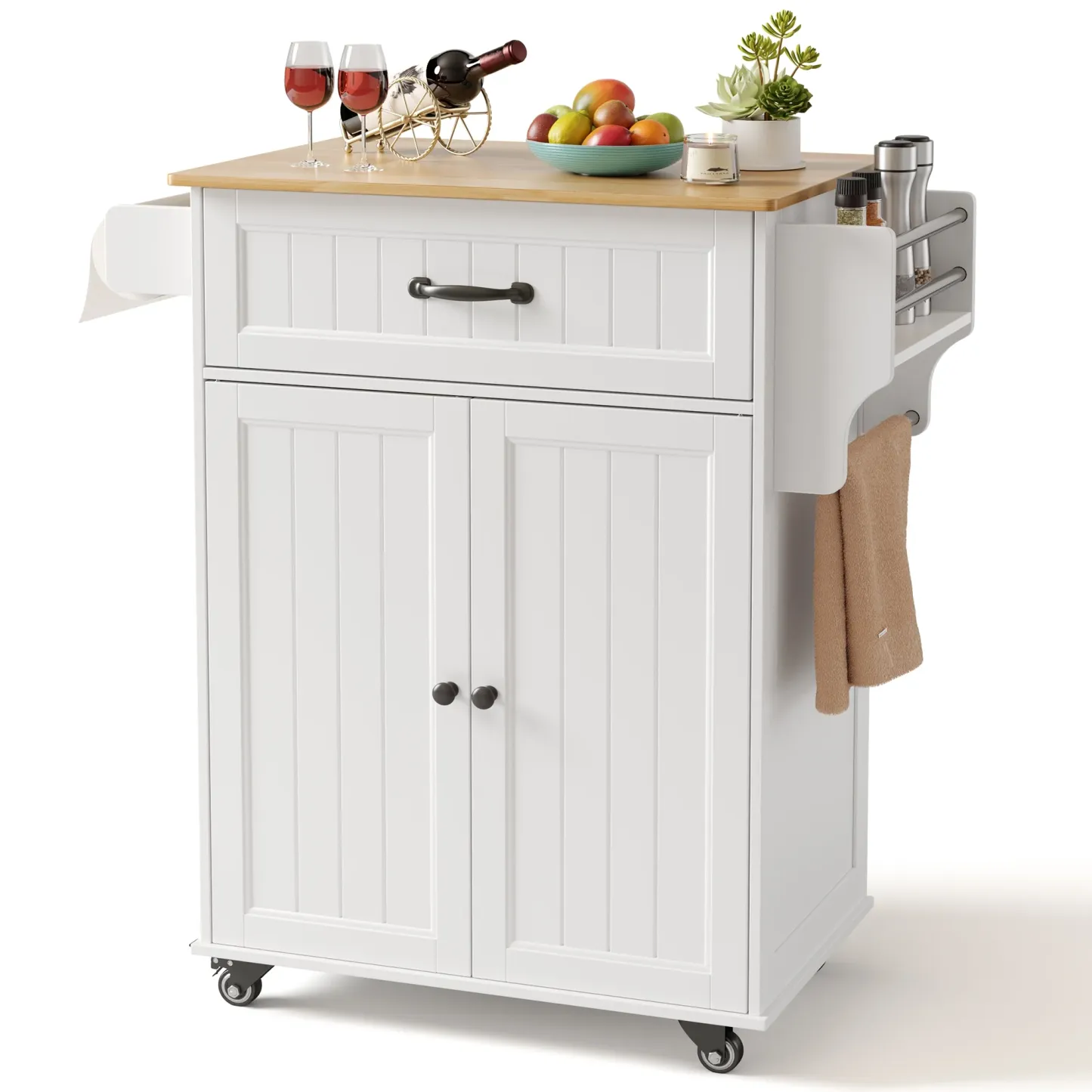 Lofka Kitchen Island Cart with Storage, Microwave Stand with Spice Rack, Towel Rack, Adjustable Shelf, 1 Drawer, White