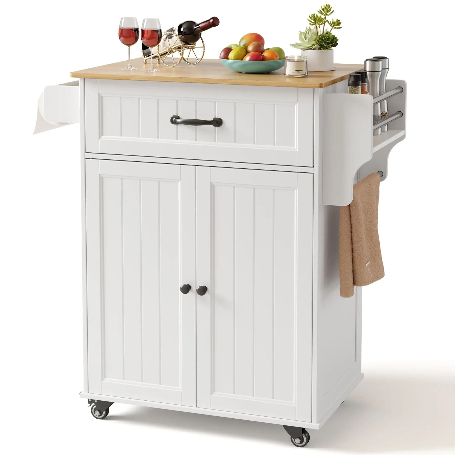 Lofka Kitchen Island Cart with Storage, Microwave Stand with Spice Rack, Towel Rack, Adjustable Shelf, 1 Drawer, White