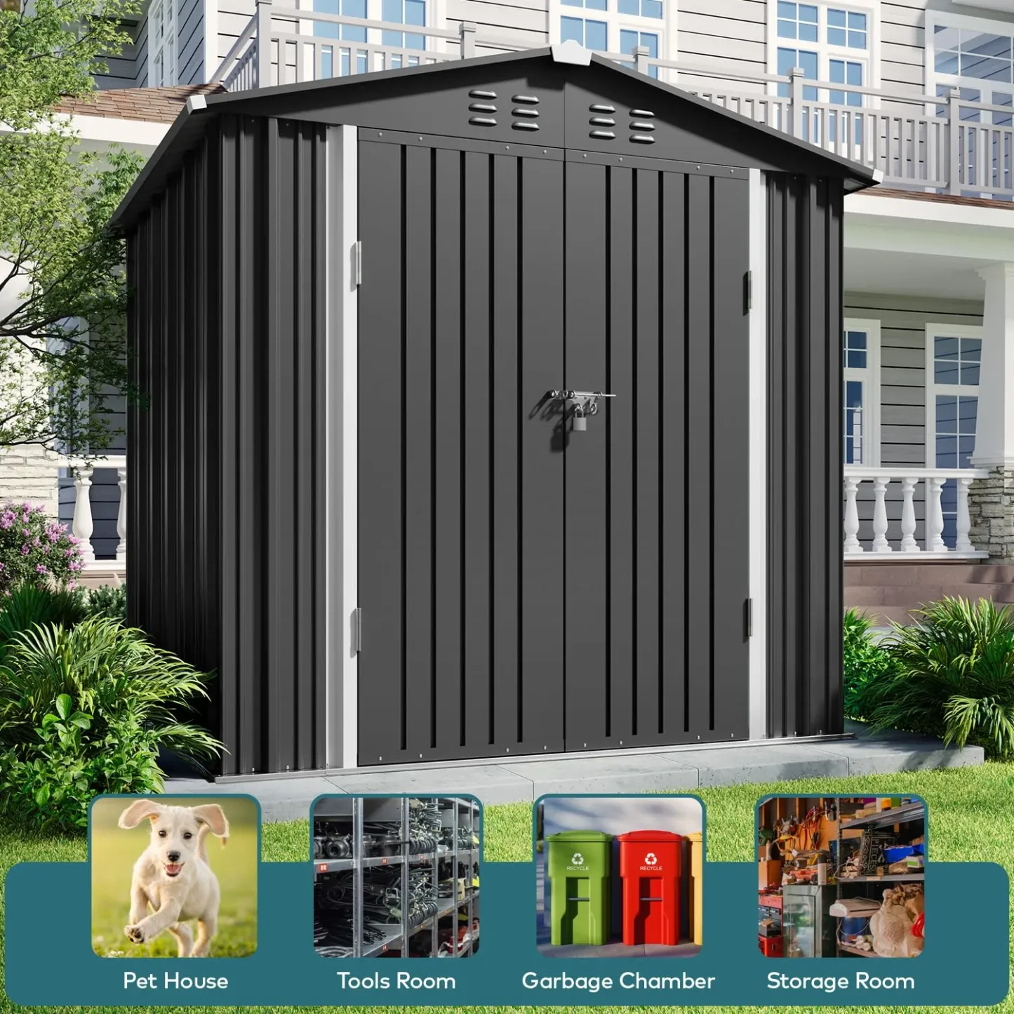 Lofka 6 x 4 FT Galvanized Metal Outdoor Storage Shed with Double Lockable Doors and Air Vents for Patio