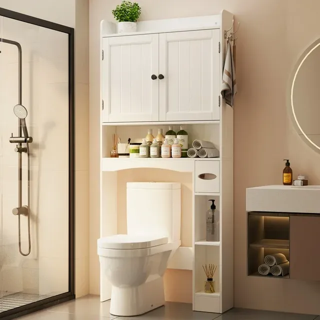 Lofka Over The Toilet Storage Cabinet, 32.3" Free Standing Storage Cabinet Over Toilet with Doors
