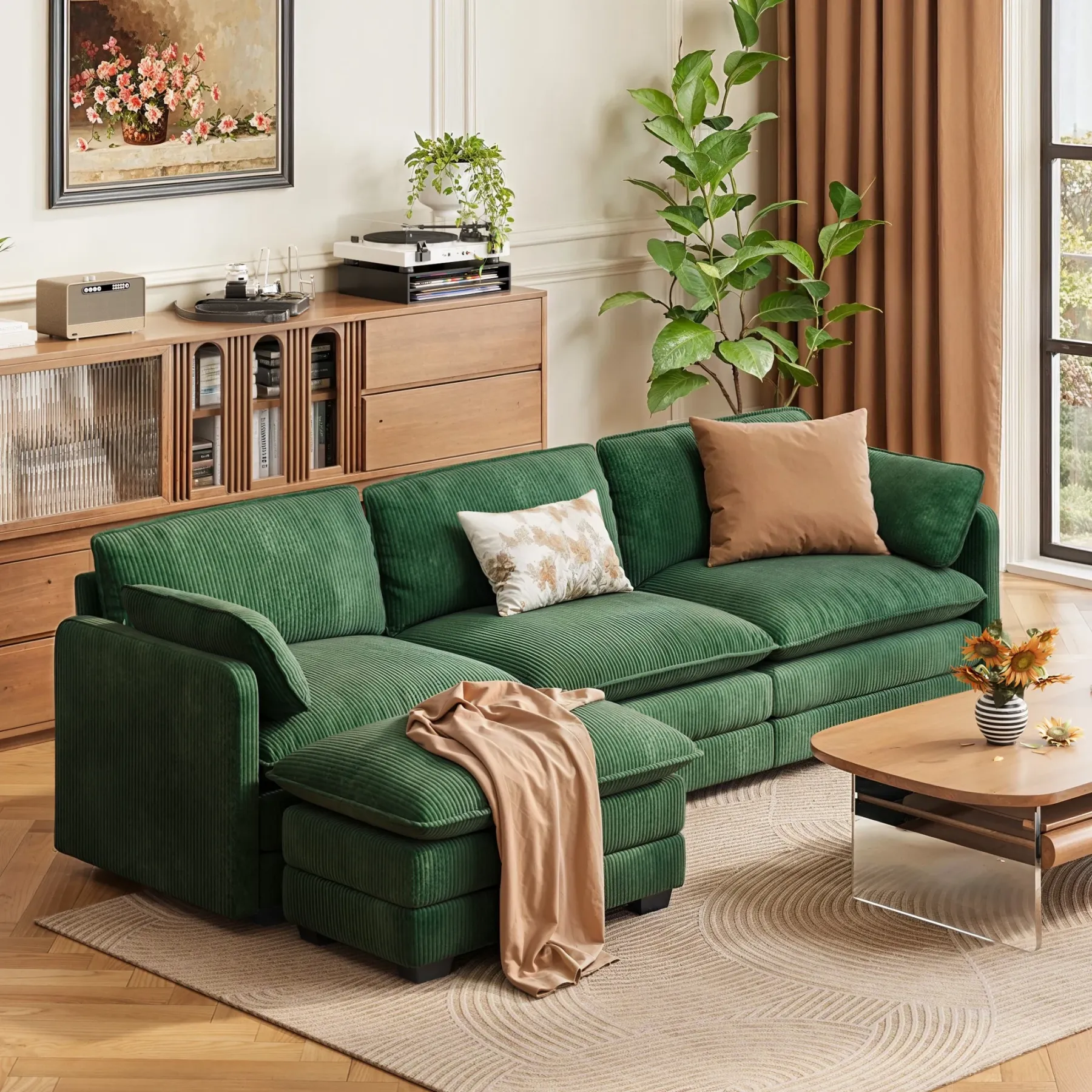 Lofka 110.2" L Shaped Cloud Sectional couch with Ottoman and Deep Seat