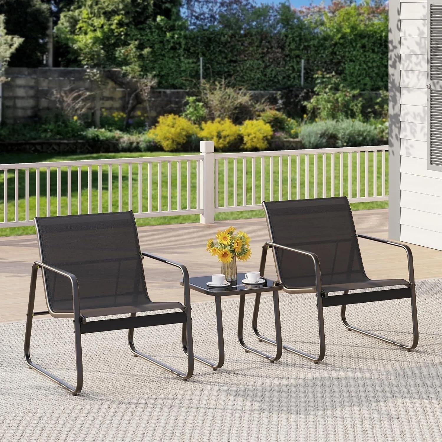 Lofka Outdoor Furniture Bistro Table & Steel Chairs,Rust-Proof,Glass-Top Coffee Table