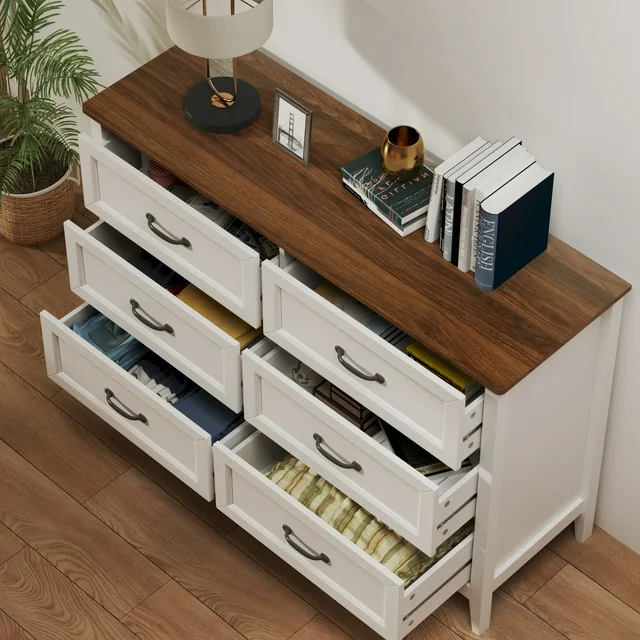 Lofka 6 Drawer Dresser for Bedroom, Chests of Drawers for Living Room, White+Rustic Brown