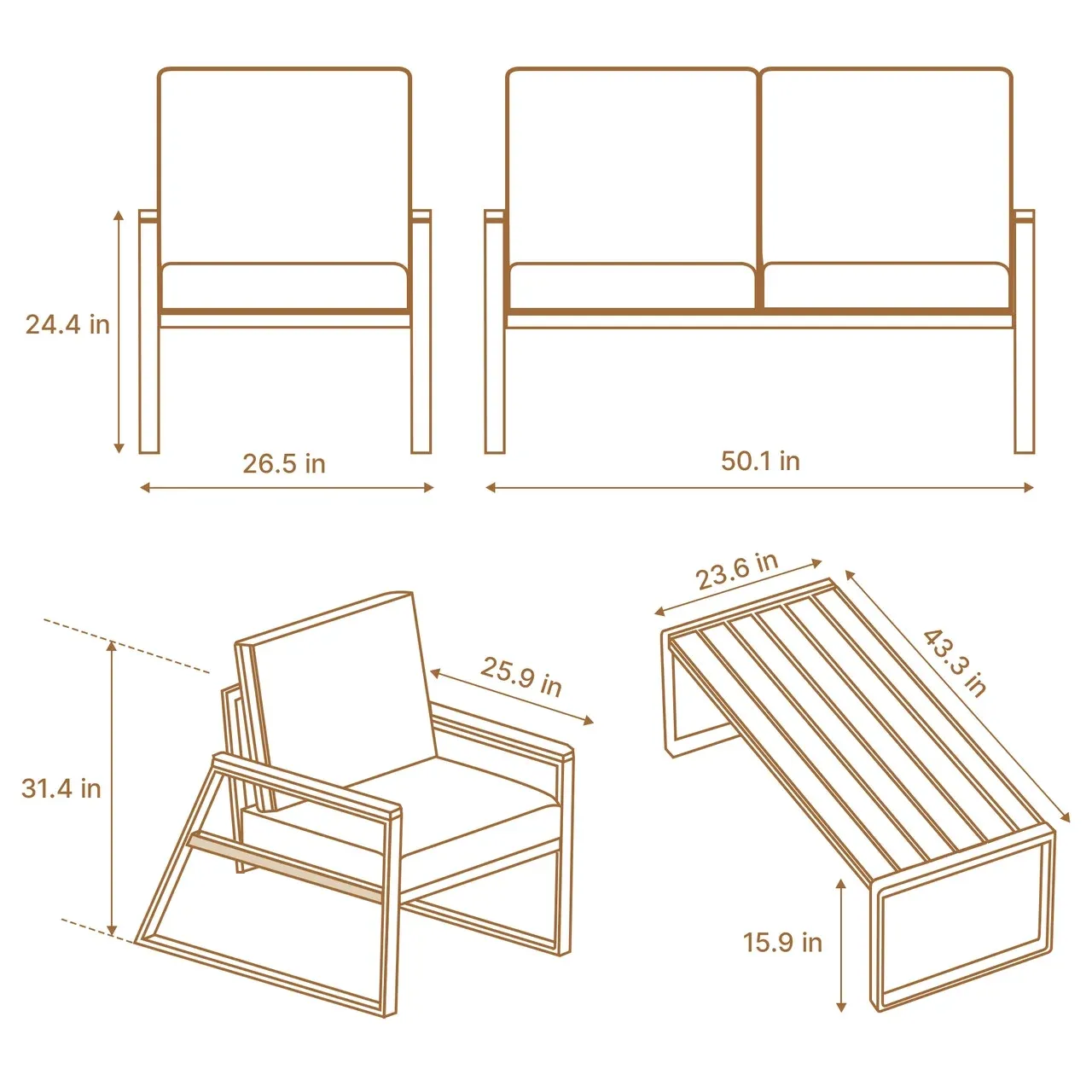 Lofka 4 Pieces Patio Set with Loveseat and 2 Chairs for Garden & Outdoor - Gray Porch Furniture Set