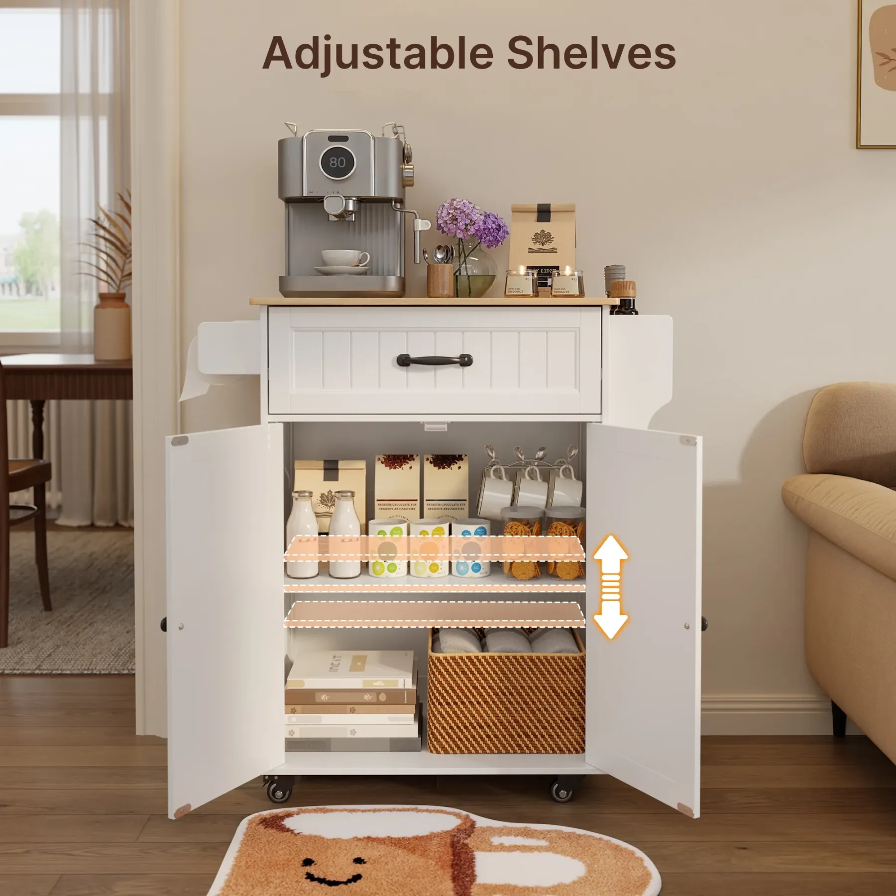 Lofka Kitchen Island Cart with Storage, Microwave Stand with Spice Rack, Towel Rack, Adjustable Shelf, 1 Drawer, White