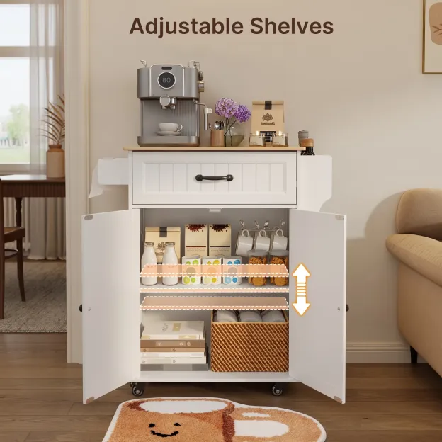 Lofka Kitchen Island Cart with Storage, Microwave Stand with Spice Rack, Towel Rack, Adjustable Shelf, 1 Drawer, White