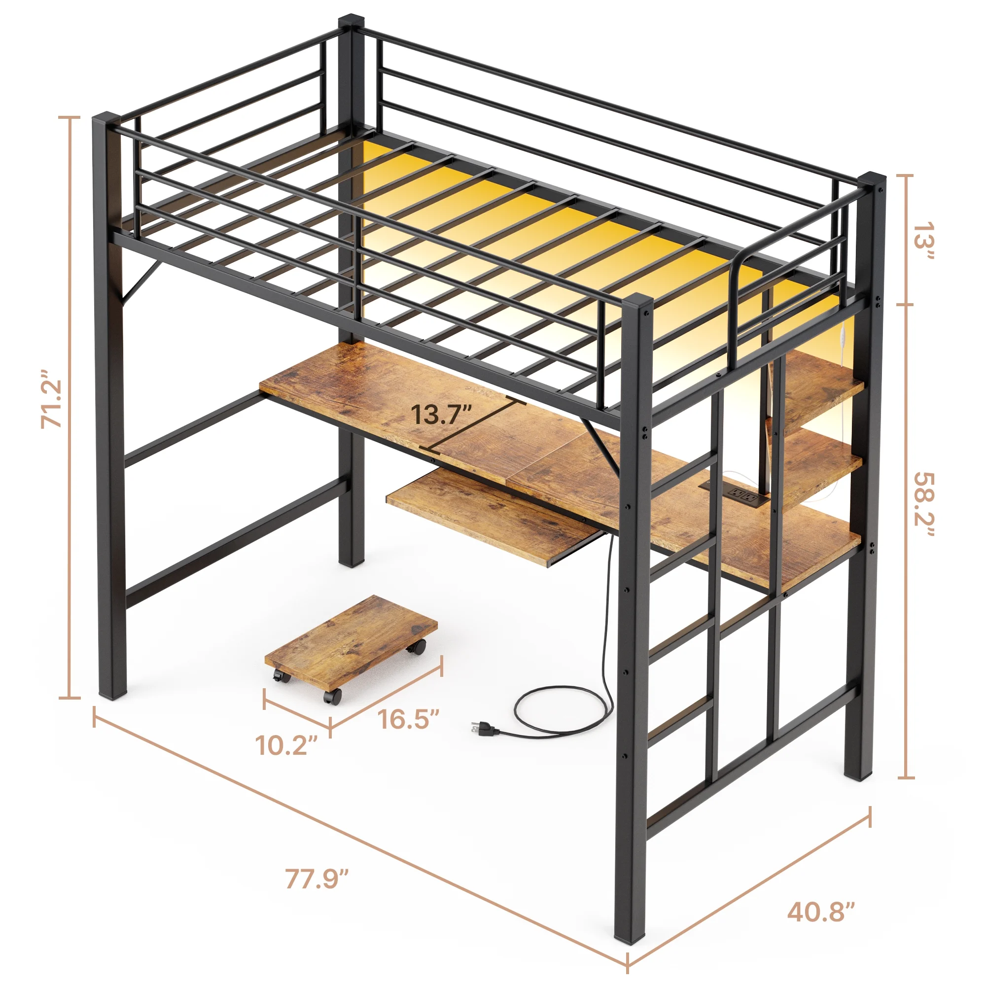 Lofka Loft Bed Twin Size, Heavy Duty Metal Bed Frames with Desk, Charging Sation, LED Lights, Storage ShelvesSafety Guard and Ladder