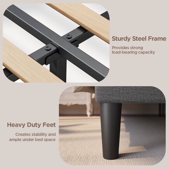 Queen Bed Frame with Upholstered Wingback Headboard and Velcro Assembly Design