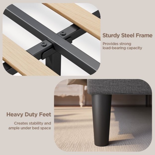 Queen Bed Frame with Upholstered Wingback Headboard and Velcro Assembly Design