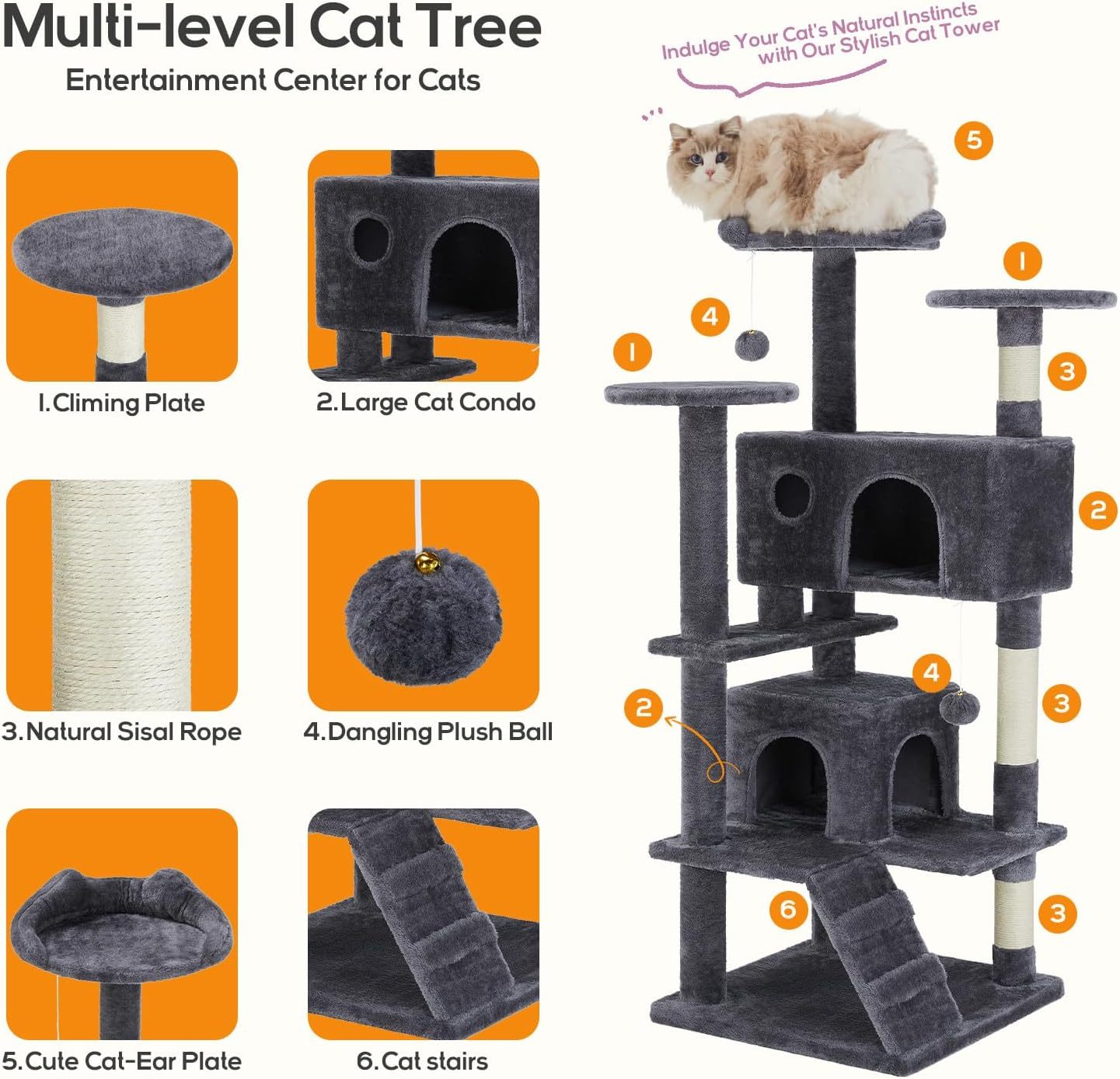Large Cat Tree - 54-Inch Cat Tower for Indoor