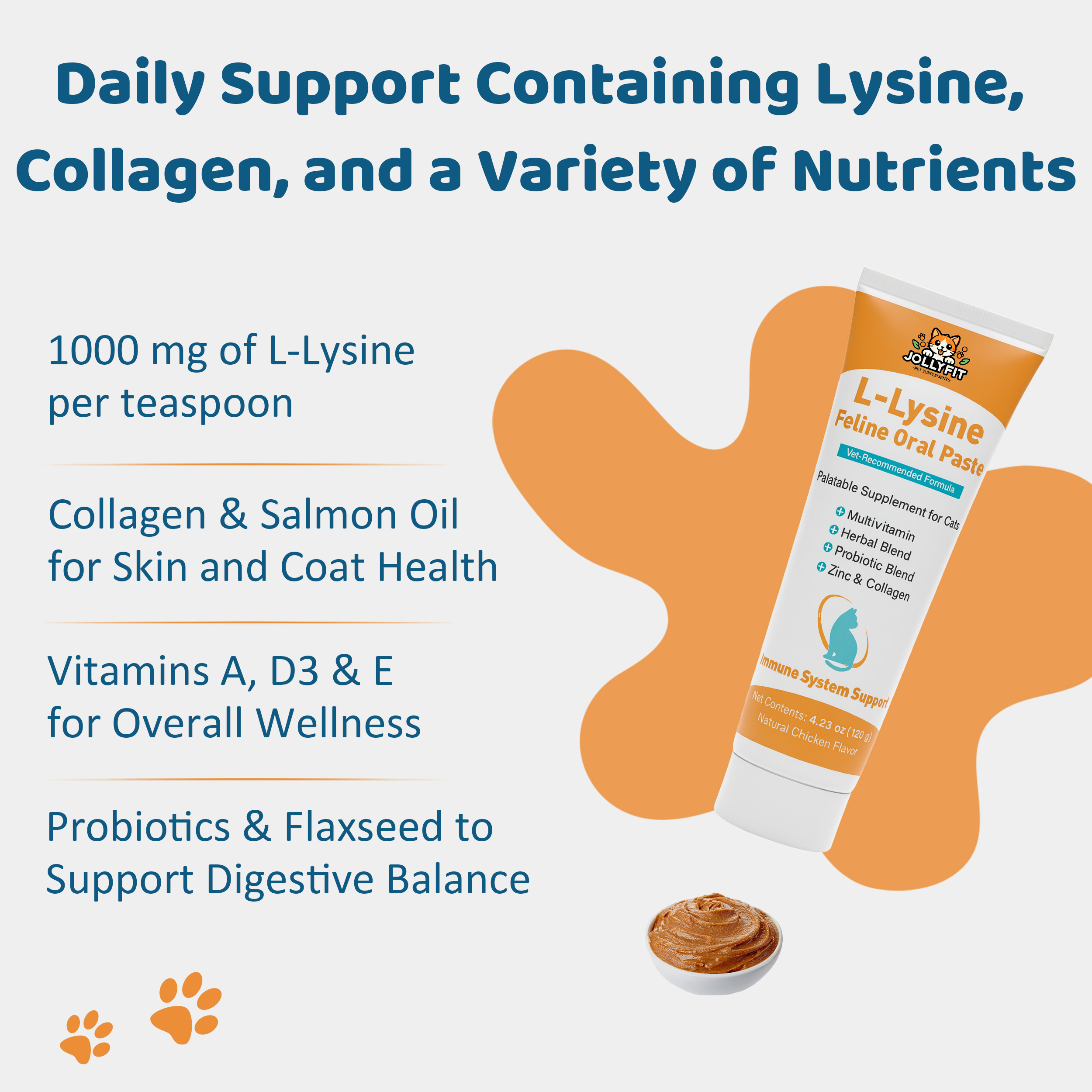 L-Lysine for Cats Oral Paste – Immune & Respiratory Support for Felines – with Collagen, Zinc, Multivitamins & Probiotics – Natural Chicken Flavor, 4.23 oz (120g)