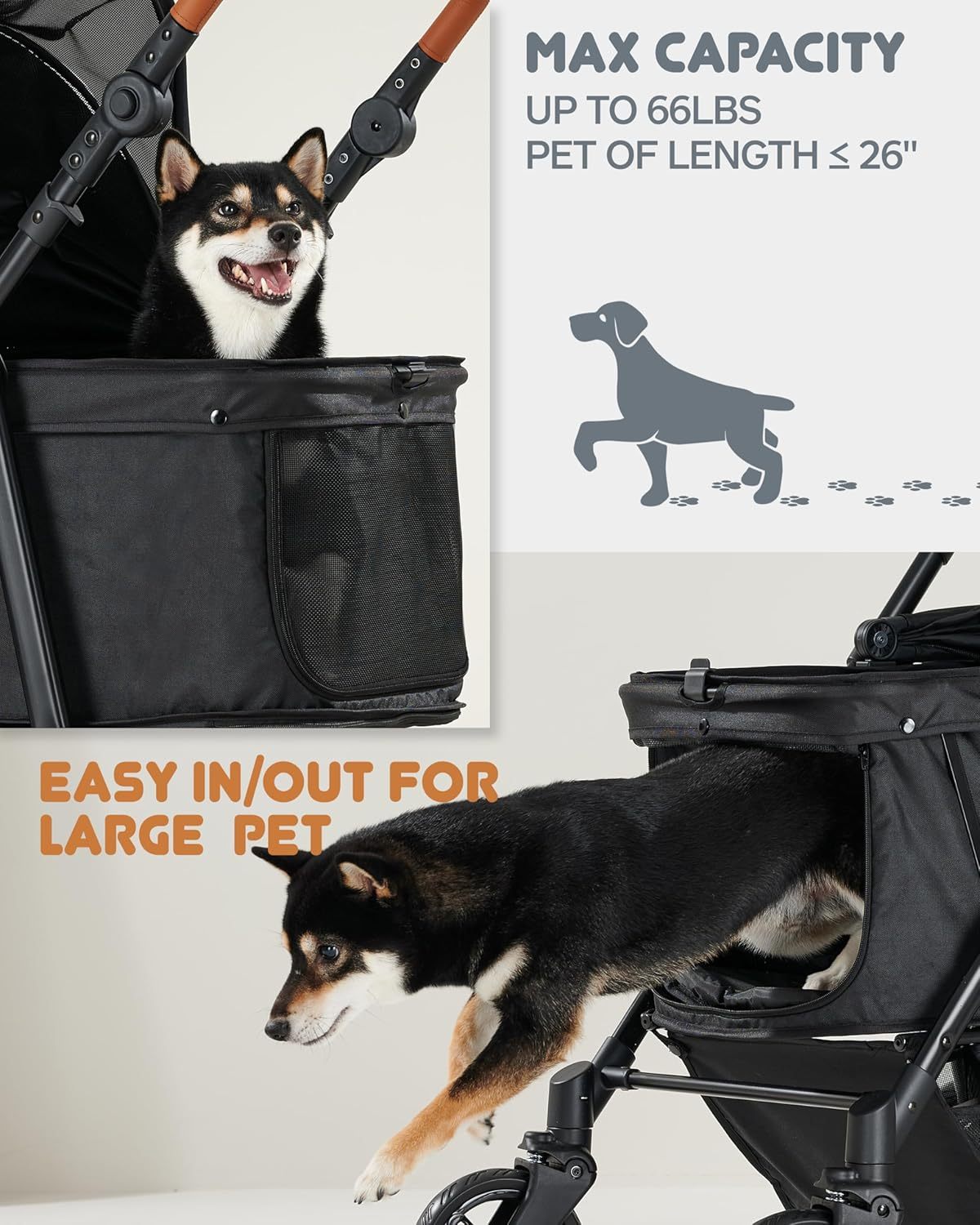 Large Dog Stroller Up to 66lbs, Adjustable Handle, 180 ̊Canopy